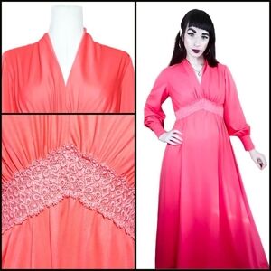 Vintage 1970s Coral Bishop Sleeve Pink Poet Sleeve Goddess Maxi Dress
